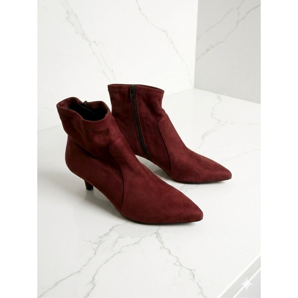 Sesto Meucci Made in Italy Dark Cherry Suede Kitten Heel Ankle Point Boots S 7.5